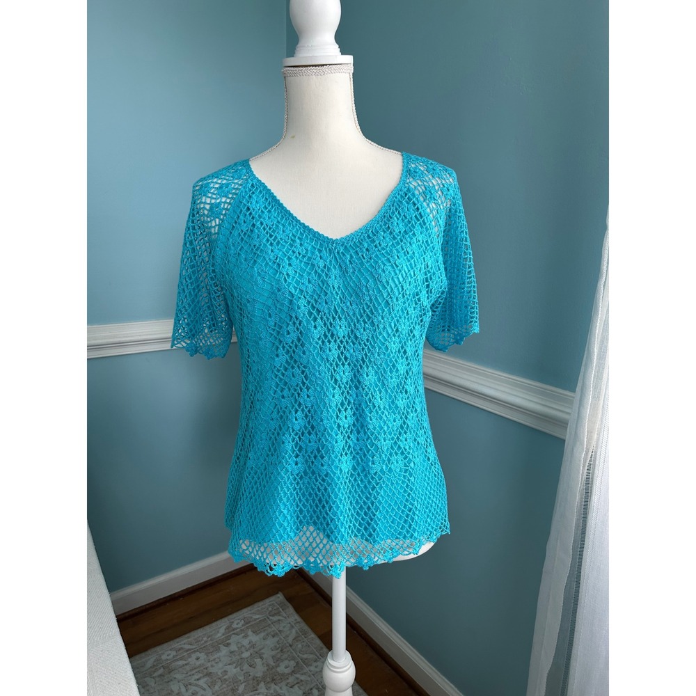 Pearl Delux vintage Turquoise Crochet Knit V-Neck Short Sleeve Lined Top